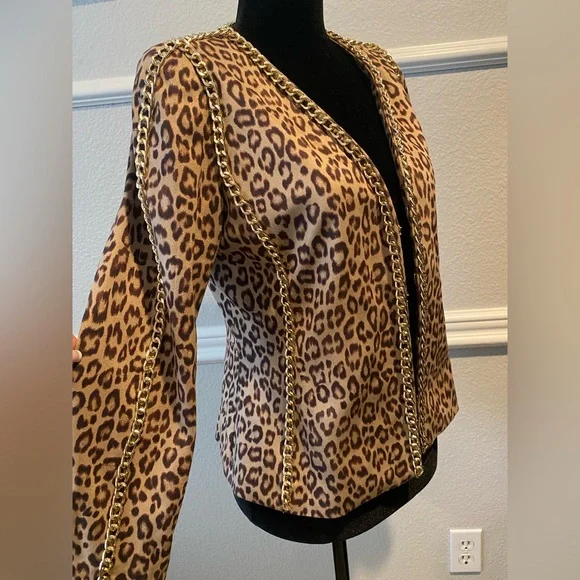 XS Boston Proper leopard faux suede jacket blazer with gold chain trim - Picture 10 of 13